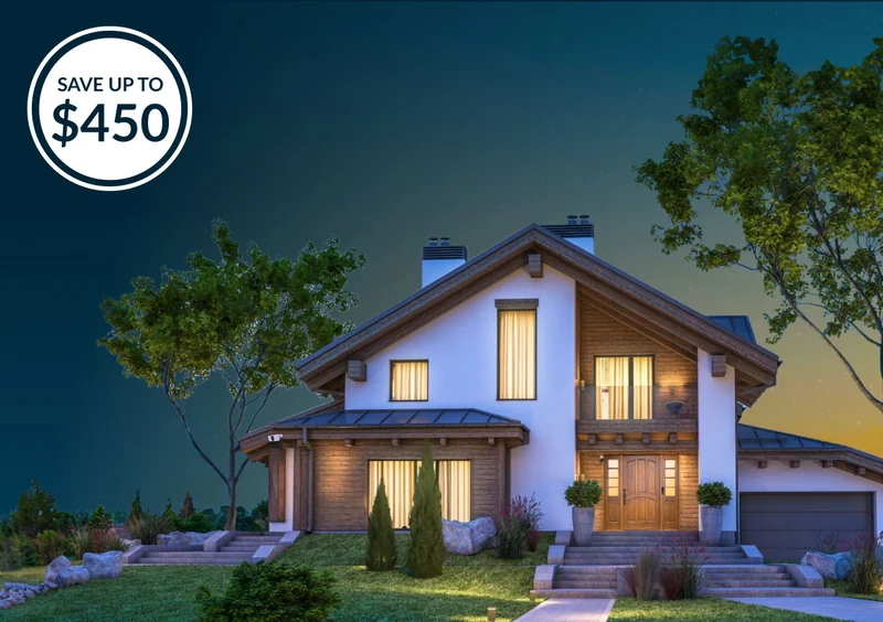 Save up to $450. House at night with various Arlo Security products mounted on the exterior.