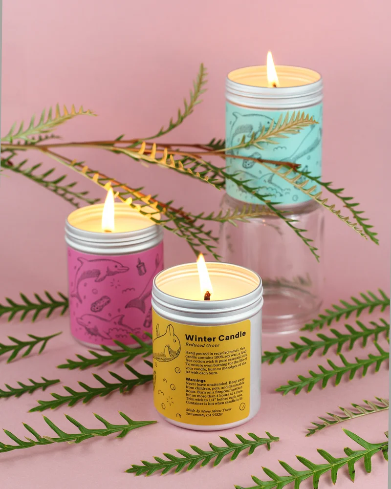 Three colorful candles sit on a pink background with green plant matter