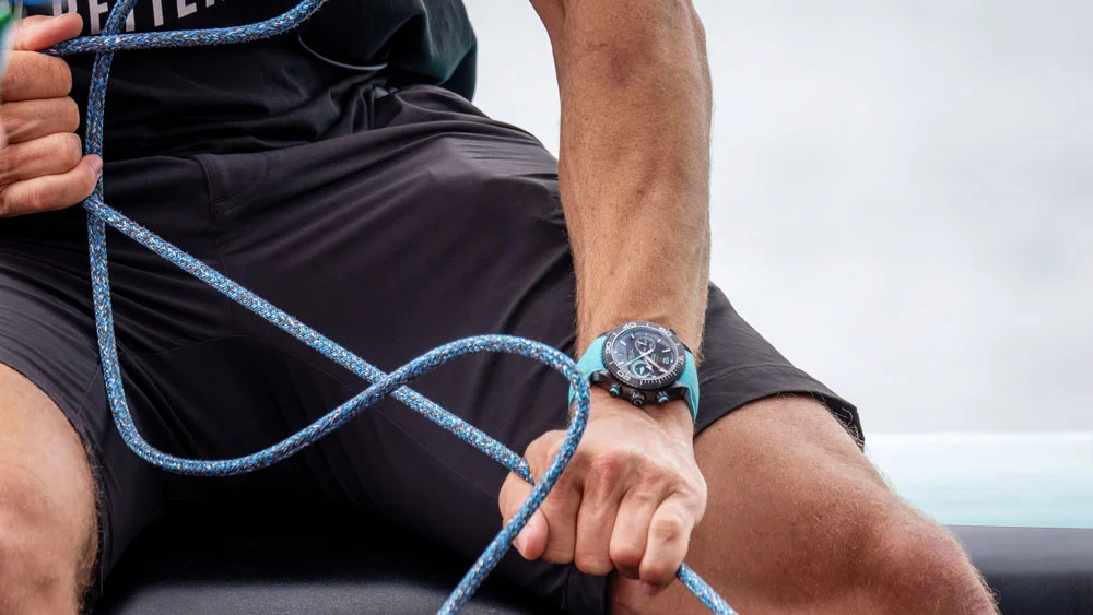 wristshot with Seamaster Planet Ocean Chronograph ETNZ with Turquoise Rubber strap