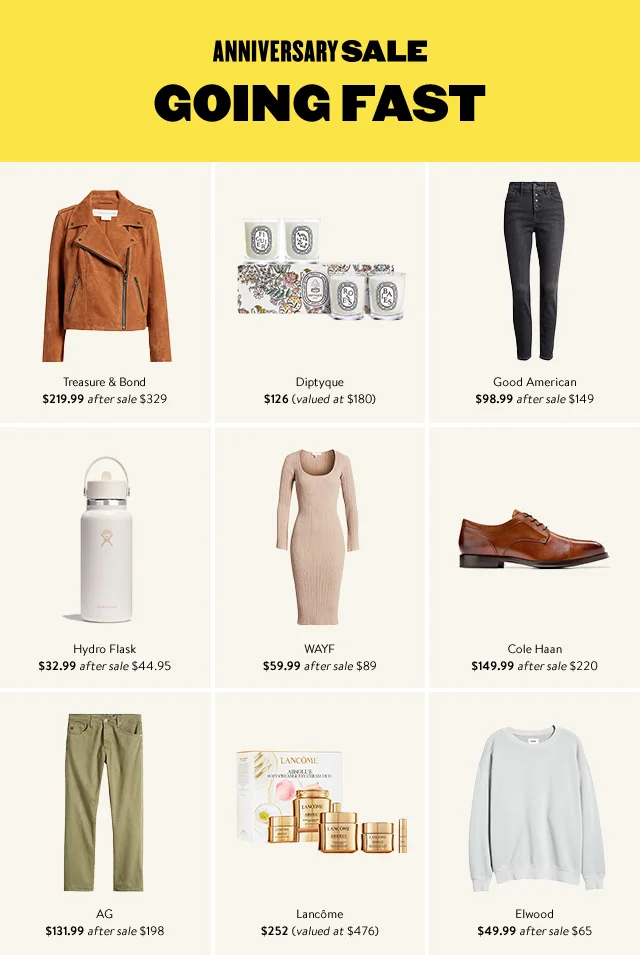 Anniversary Sale. Going fast. An assortment of clothing, shoes, and more for women and men.