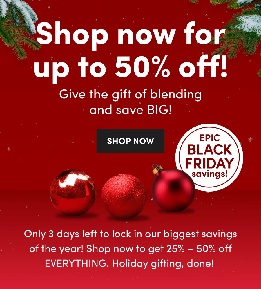 The nutribullet holiday sale offers 25%–50% off on everything from 11/20 to 12/4, featuring Christmas ornaments against a festive red background.
