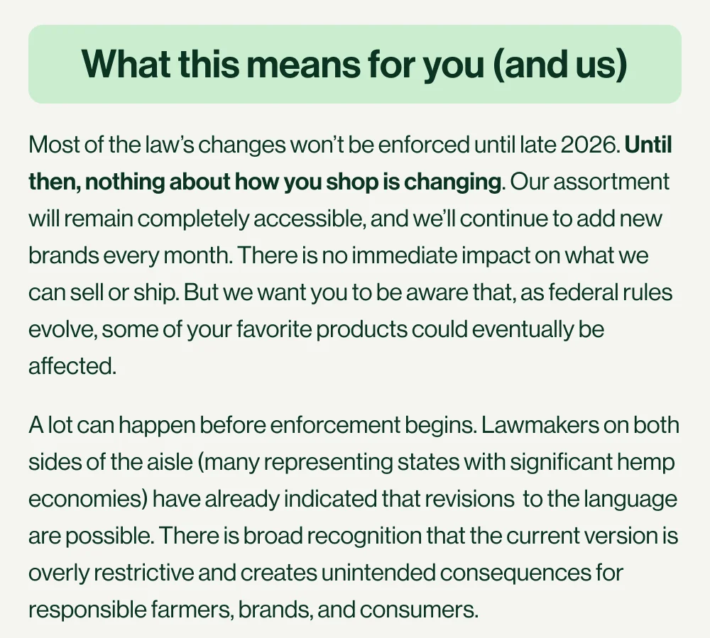 What this means for you (and us): Most of the law’s changes won’t be enforced until late 2026. Until then, nothing about how you shop is changing. Our assortment will remain completely accessible, and we’ll continue to add new brands every month. There is no immediate impact on what we can sell or ship. But we want you to be aware that, as federal rules evolve, some of your favorite products could eventually be affected.&nbsp;&nbsp; A lot can happen before enforcement begins. Lawmakers on both sides of the aisle (many representing states with significant hemp economies) have already indicated that revisions&nbsp; to the language are possible. There is broad recognition that the current version is overly restrictive and creates unintended consequences for responsible farmers, brands, and consumers.