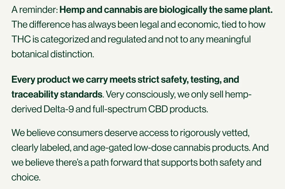 A reminder: Hemp and cannabis are biologically the same plant. The difference has always been legal and economic, tied to how THC is categorized and regulated and not to any meaningful botanical distinction. Every product we carry meets strict safety, testing, and traceability standards. Very consciously, we only sell hemp-derived Delta-9 and full-spectrum CBD products.&nbsp; We believe consumers deserve access to rigorously vetted, clearly labeled, and age-gated low-dose cannabis products. And we believe there’s a path forward that supports both safety and choice.