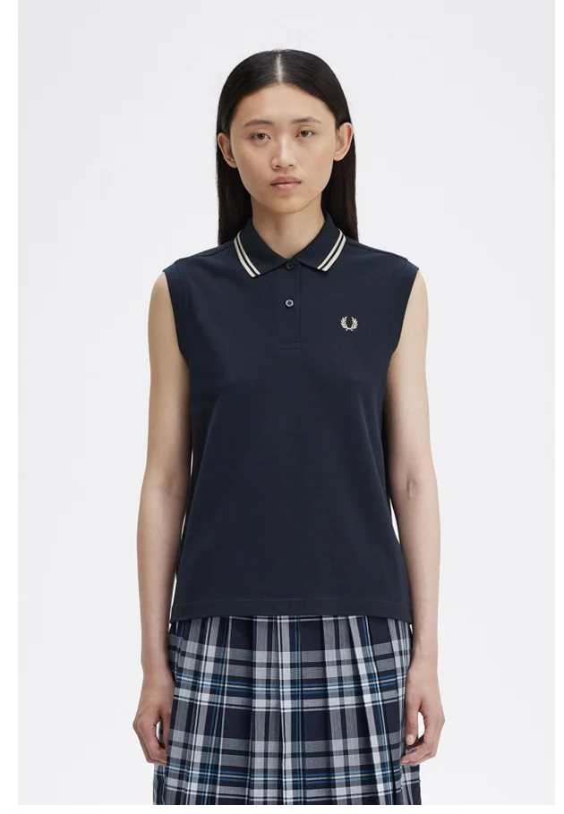 Sleeveless Navy Fred Perry Shirt with tipping