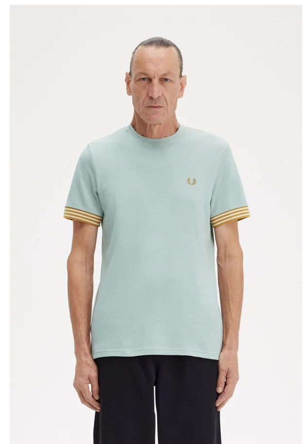 silver blue t-shirt with caramel-colour stripes on the cuffs
