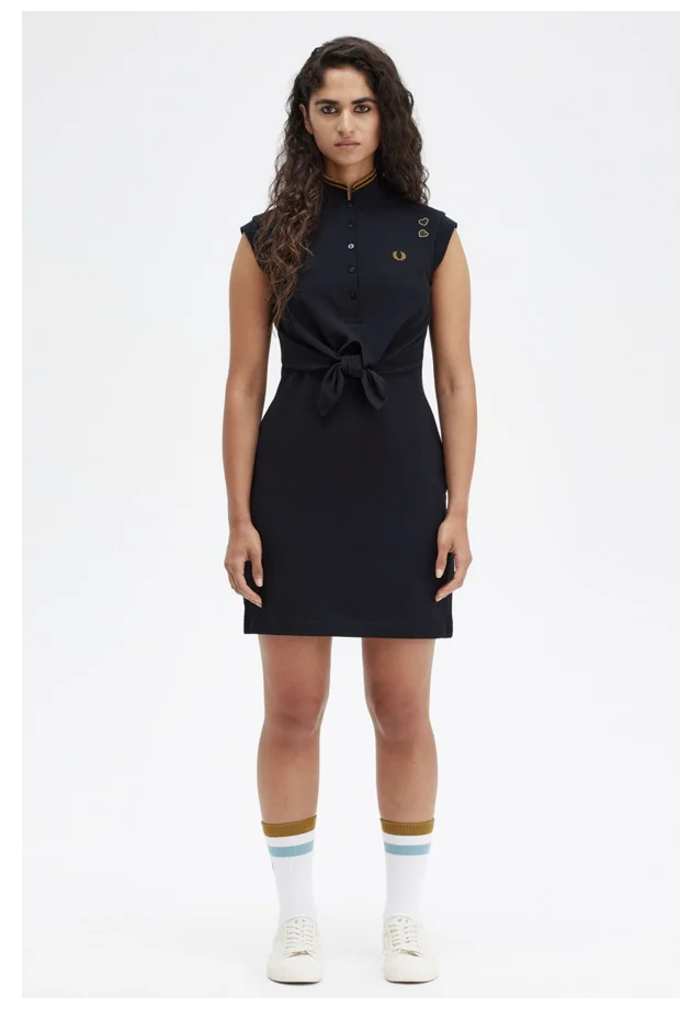 Sleeveless Black Tie-Front Mini Pique Dress
