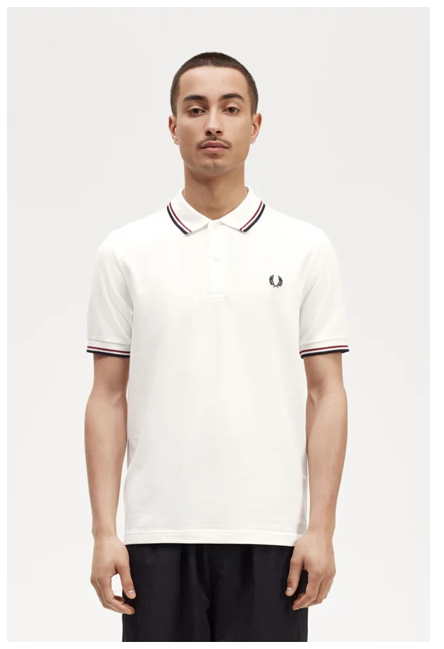 white M3600 men's Fred Perry Shirt in white with Oxblood and Navy tipping