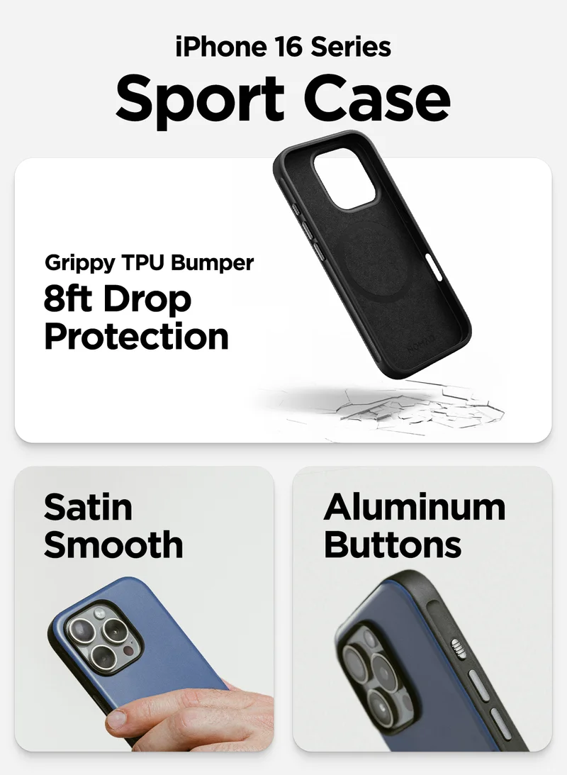 Sport Case for iPhone 16 series. Grippy TPU Bumper. 8ft drop protection. Satin smooth. Aluminum buttons.