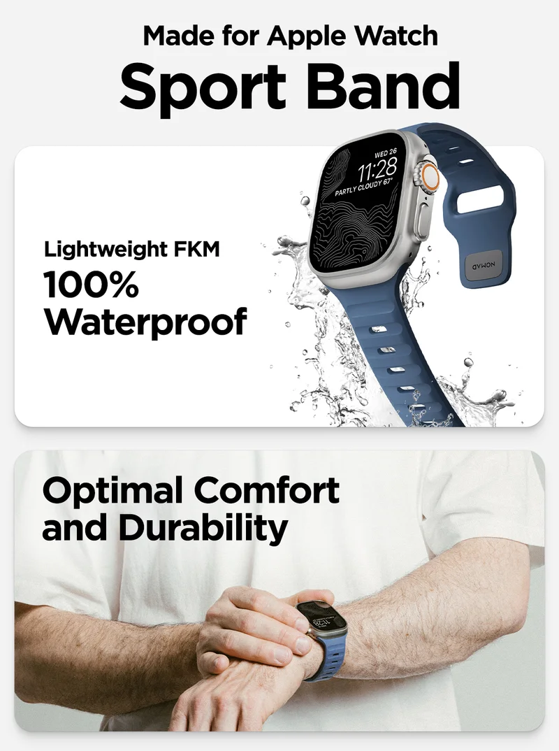 Sport Band for Apple Watch. Lightweight FKM. 100% waterproof. Optimal comfort and durability.