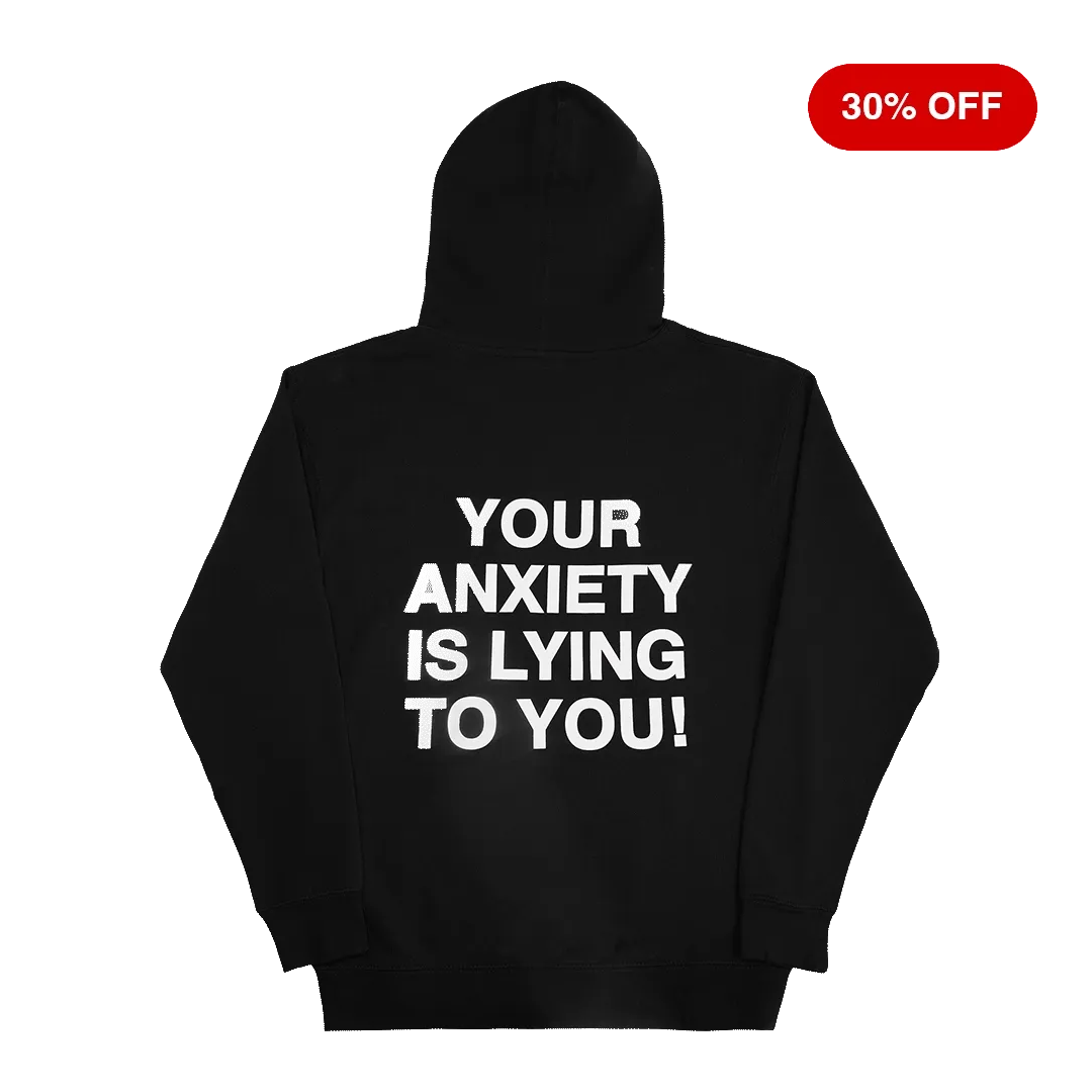 GIF of products from We're Not Really Strangers, XXX, Your Anxiety Is Lying To You Hoodie, Couples Edition, I'm So Happy We Met Hoodie in red, Stop Trying Crewneck