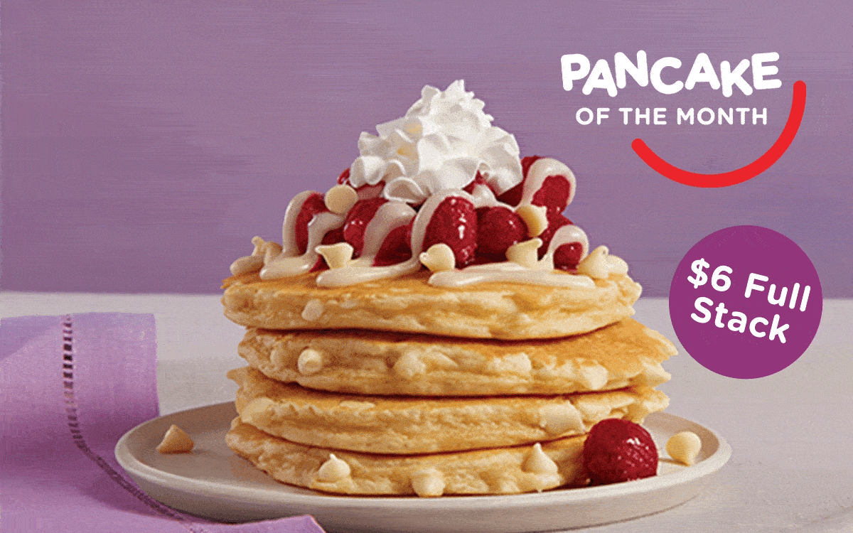 WHITE CHOCOLATE RASPBERRY&nbsp;PANCAKE OF THE MONTH $6 FULL STACK