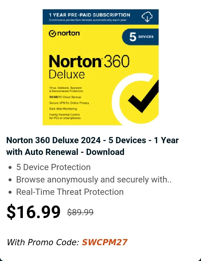 Norton 360 Deluxe 2024 - 5 Devices - 1 Year with Auto Renewal - Download