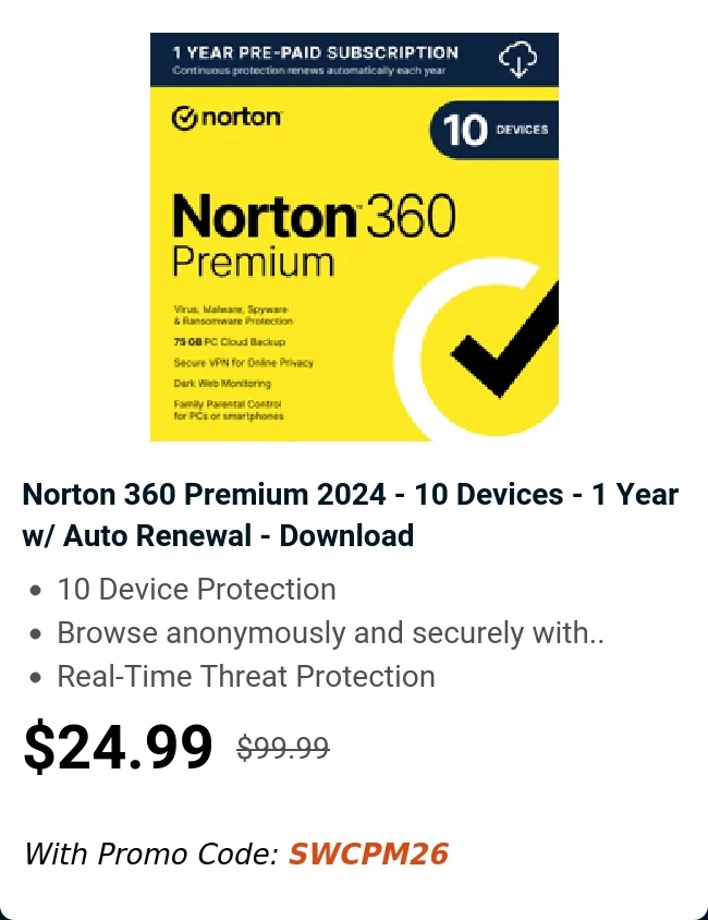 Norton 360 Premium 2024 - 10 Devices - 1 Year w/ Auto Renewal - Download