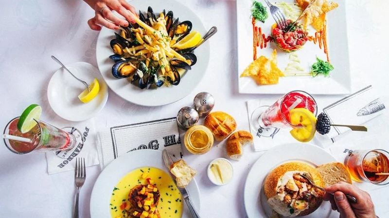 Image description: Overhead view of seafood at Fog Harbor Fish House in San Francisco.