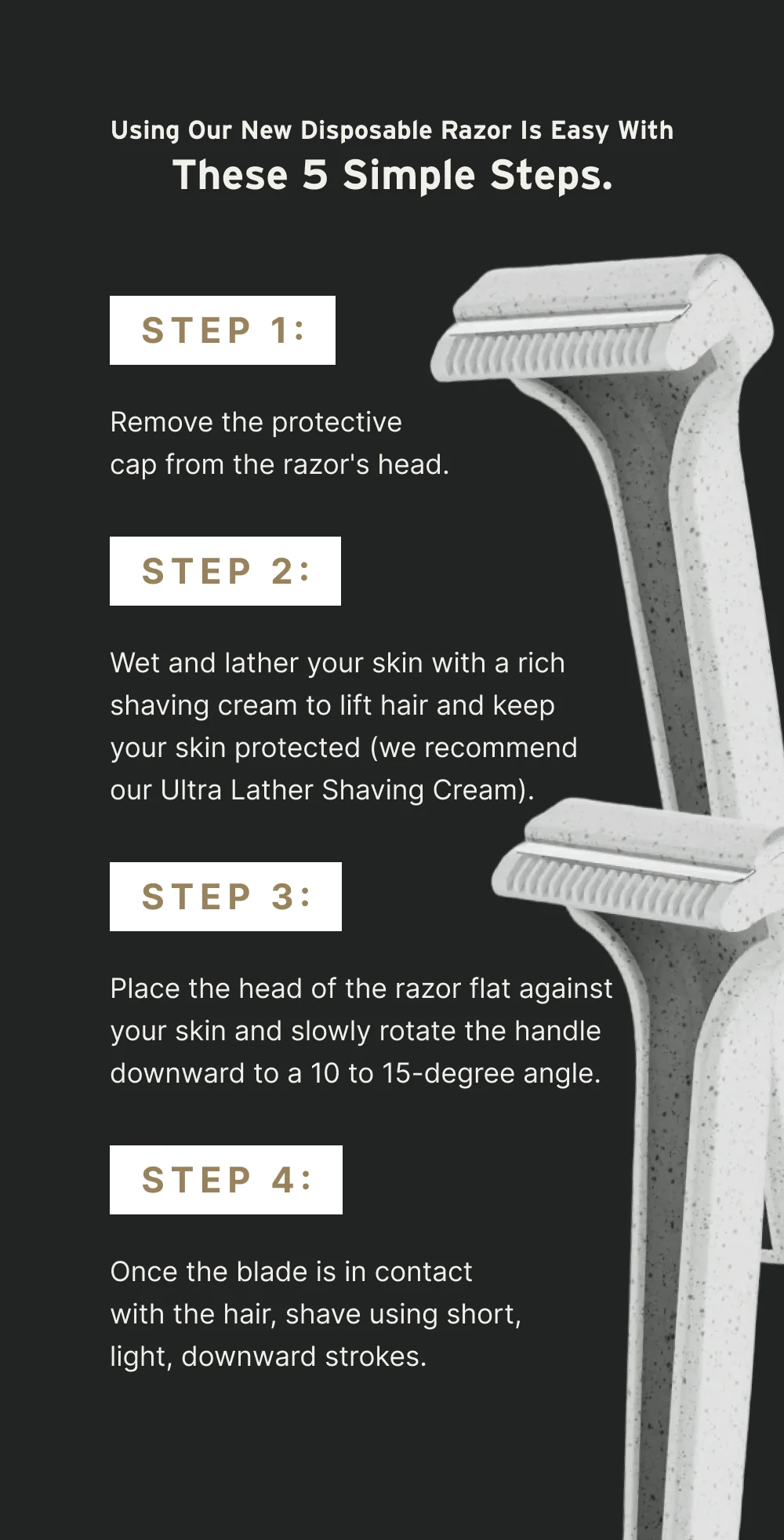 Using our new disposable razor is easy with these 5 dead-simple steps.