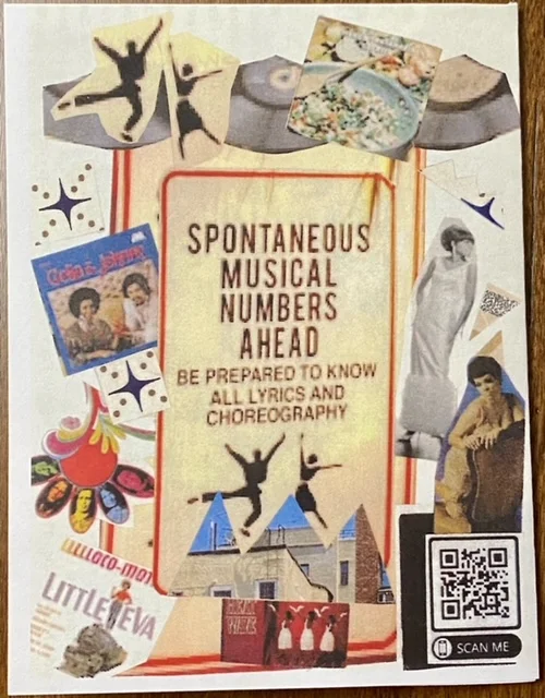 A photograph of a zine page that reads “Spontaneous Musical Numbers Ahead”