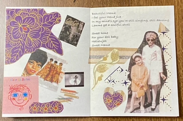 A photograph of a collaged zine page featuring the artist and her mother