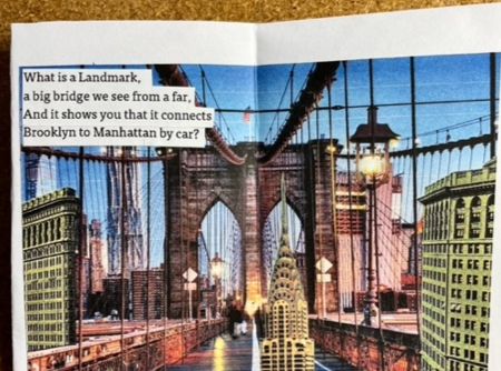 A photograph of a zine page featuring the Brooklyn Bridge