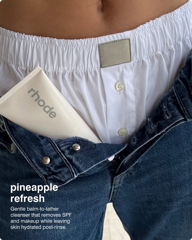 pineapple refresh: Gentle balm-to-lather cleanser that removes SPF and makeup while leaving skin hydrated post-rinse.