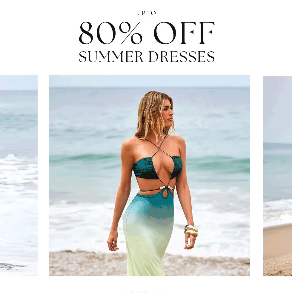 80% Off Summer Dresses. Woman on beach modeling a trendy teal & green ombre cutout maxi dress with laces.
