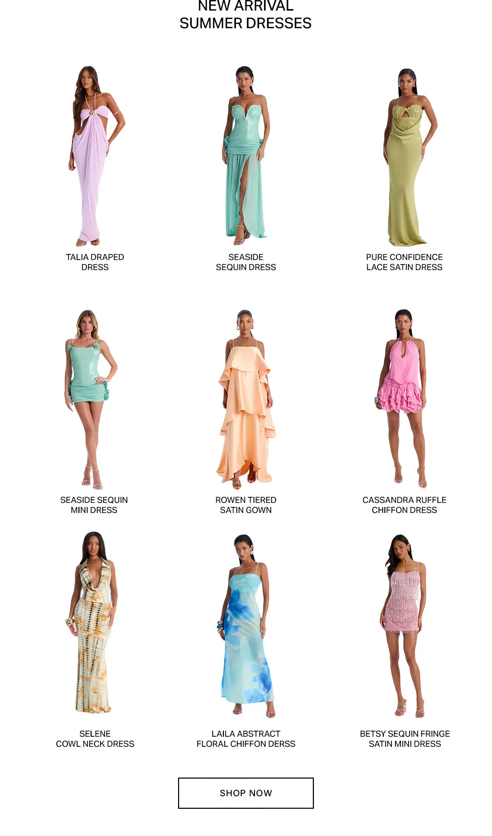 Shop new arrival summer dresses for women, featuring diverse maxi and mini styles in sequin, satin, and chiffon fabrics.