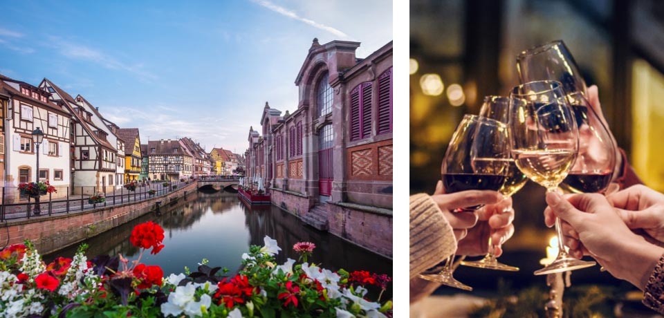 Left: Blooming flowers in front of a canal in Colmar, France. Right: Glasses are raised.