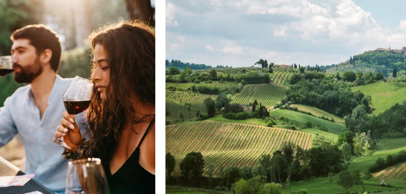 Left: Red wine tasting. Right: Rolling green Tuscan hills.