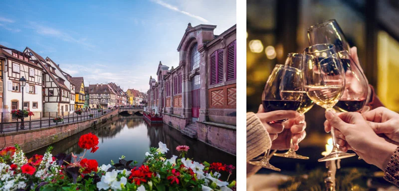 Left: Blooming flowers in front of a canal in Colmar, France. Right: Glasses are raised.