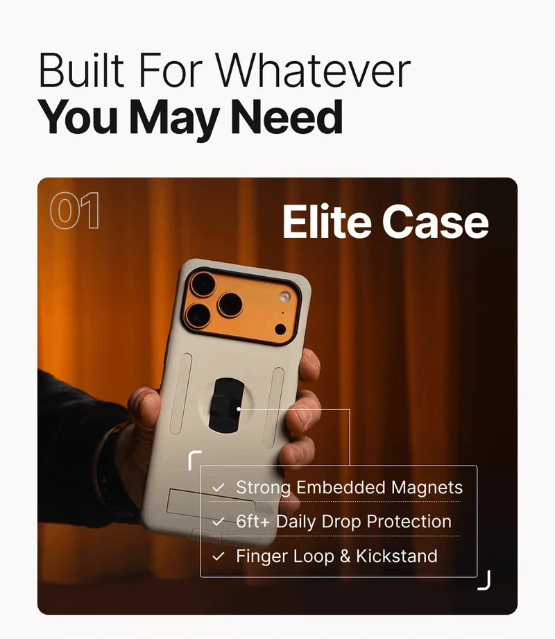 Built For Whatever You May Need 01 Elite Case ✓  Strong Embedded Magnets ✓  6ft+ Daily Drop Protection ✓  Finger Loop & Kickstand