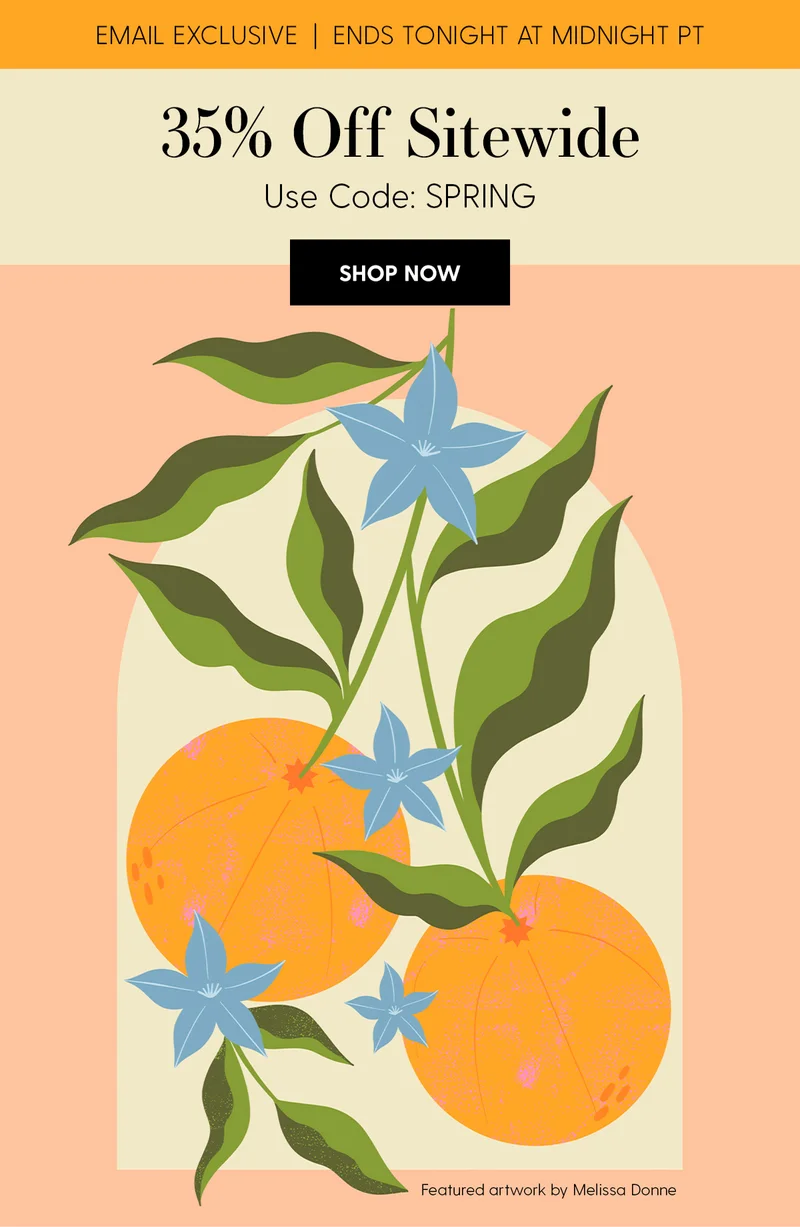 Email Exclusive | Ends Tonight at Midnight PT | 30% Off Sitewide | Use Code: discount code | Shop Now | Featured Artwork by Melissa Donne
