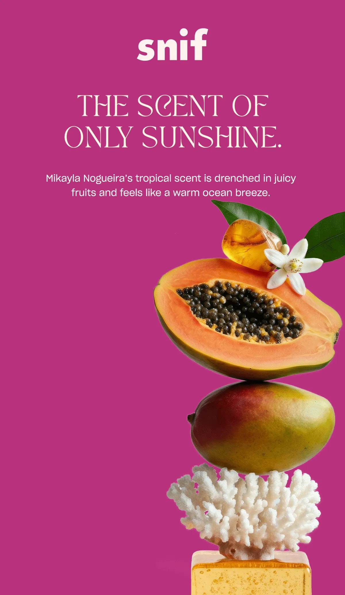 the scent of of sunshine. Mikayla Nogueira’s tropical scent is drenched in juicy fruits and feels like a warm ocean breeze. mango papaya orange blossom sea breeze accord amber musks