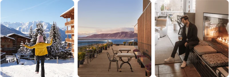 Stunning seasonal views and a cozy interior at properties in Switzerland and Iceland.