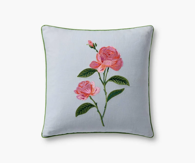 Image of Garden Rose Embroidered Pillow - Blue