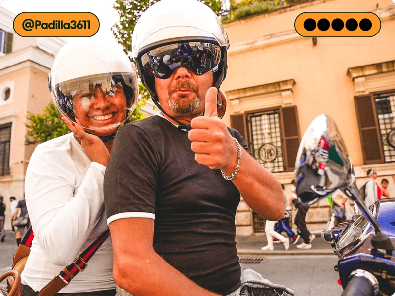 Image Description: Two people posing for a photo on a Vespa. The name @Padilla3611 and five review bubbles are on the top corner of the image.