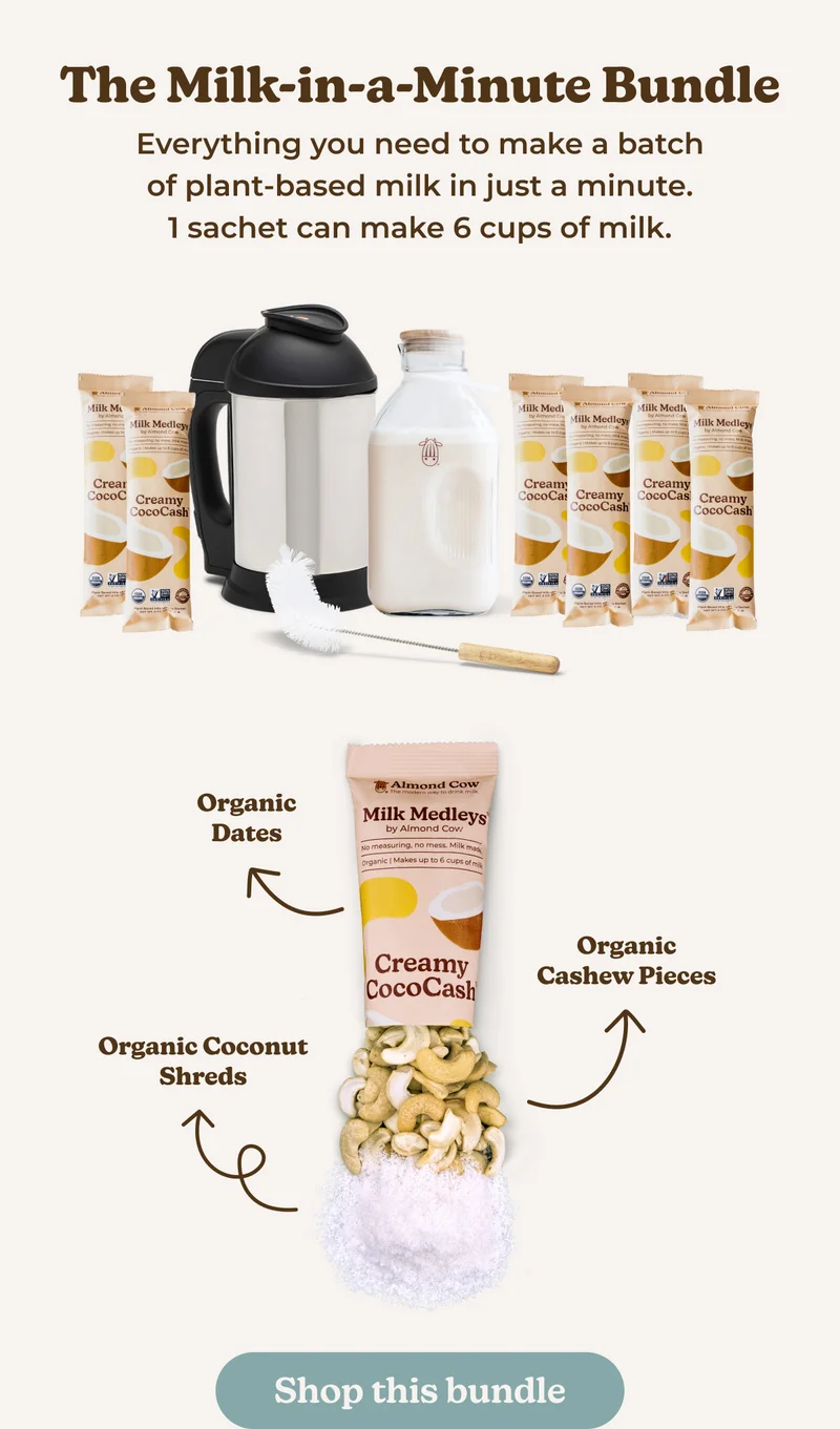 The Milk-in-a-Minute Bundle - Everything you need to make a batch of plant-based milk in just a minute. 1 sachet can make 6 cups of milk.