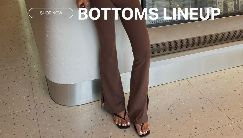BOTTOMS LINEUP: Shop now for stylish brown flare pants with split hems and other trendy bottoms like skirts & shorts.