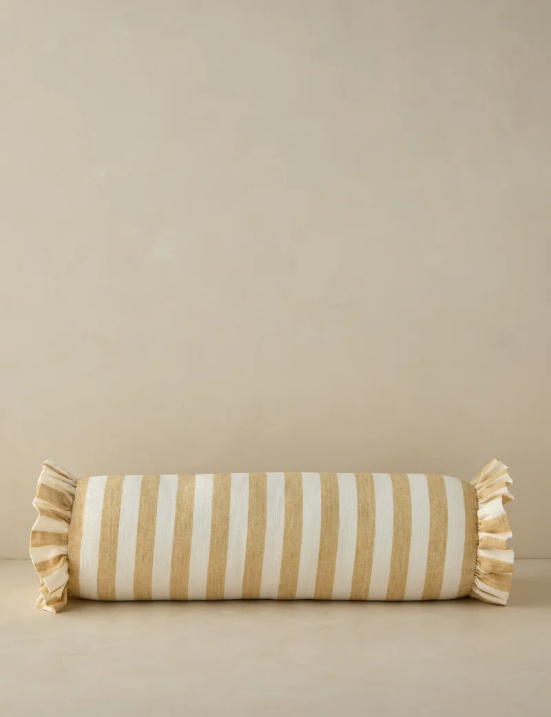 Image of Amaroso Linen Ruffle Bolster Pillow, Ivory and Butter