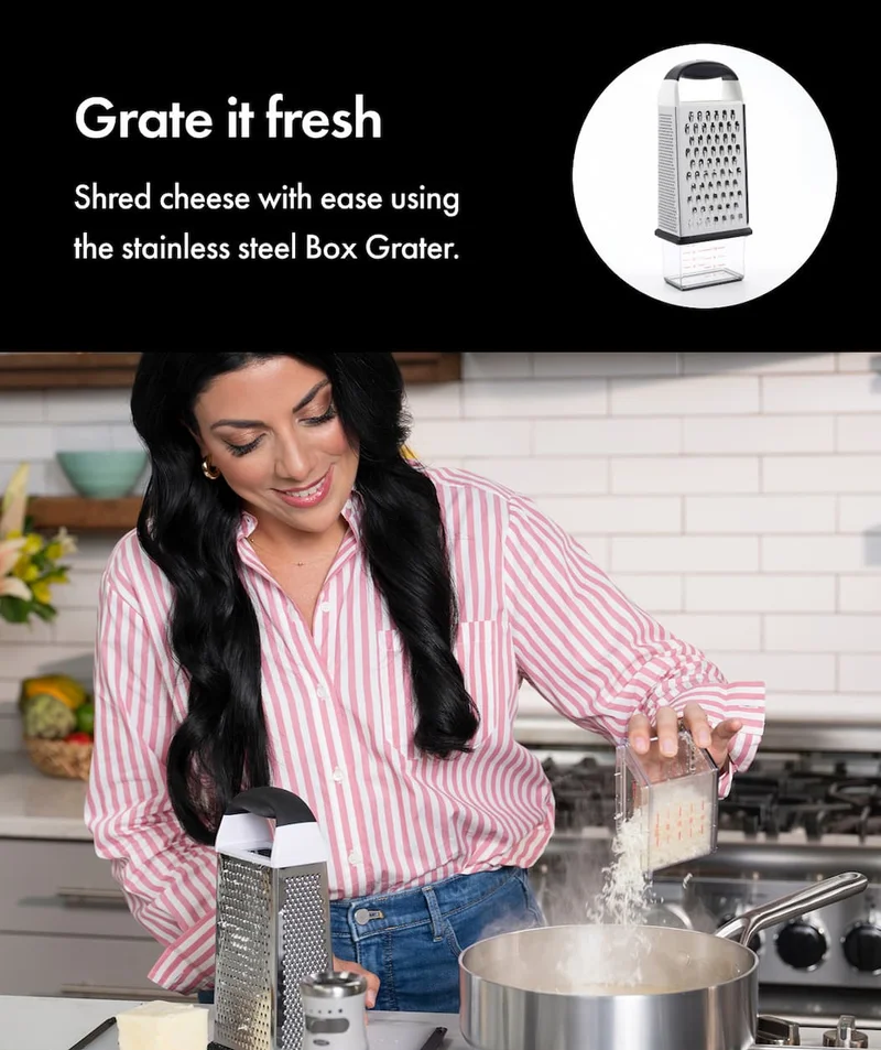 Grate it fresh. Shred cheese with ease using  the stainless steel Box Grater.