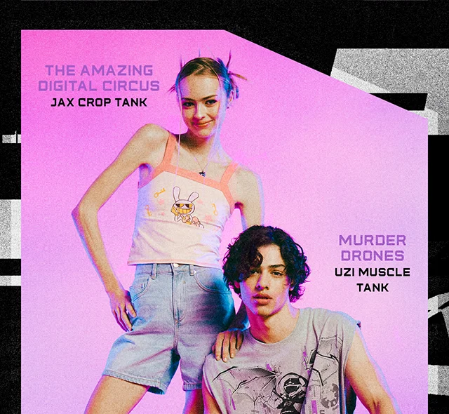 Product shown: The Amazing Digital Circus Jax Crop Tank and Murder Drones Uzi Muscle Tank