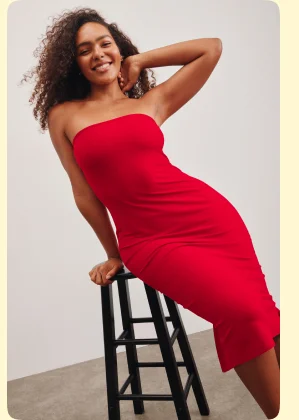 Spacedye Strapless Dress in Candy Apple Red