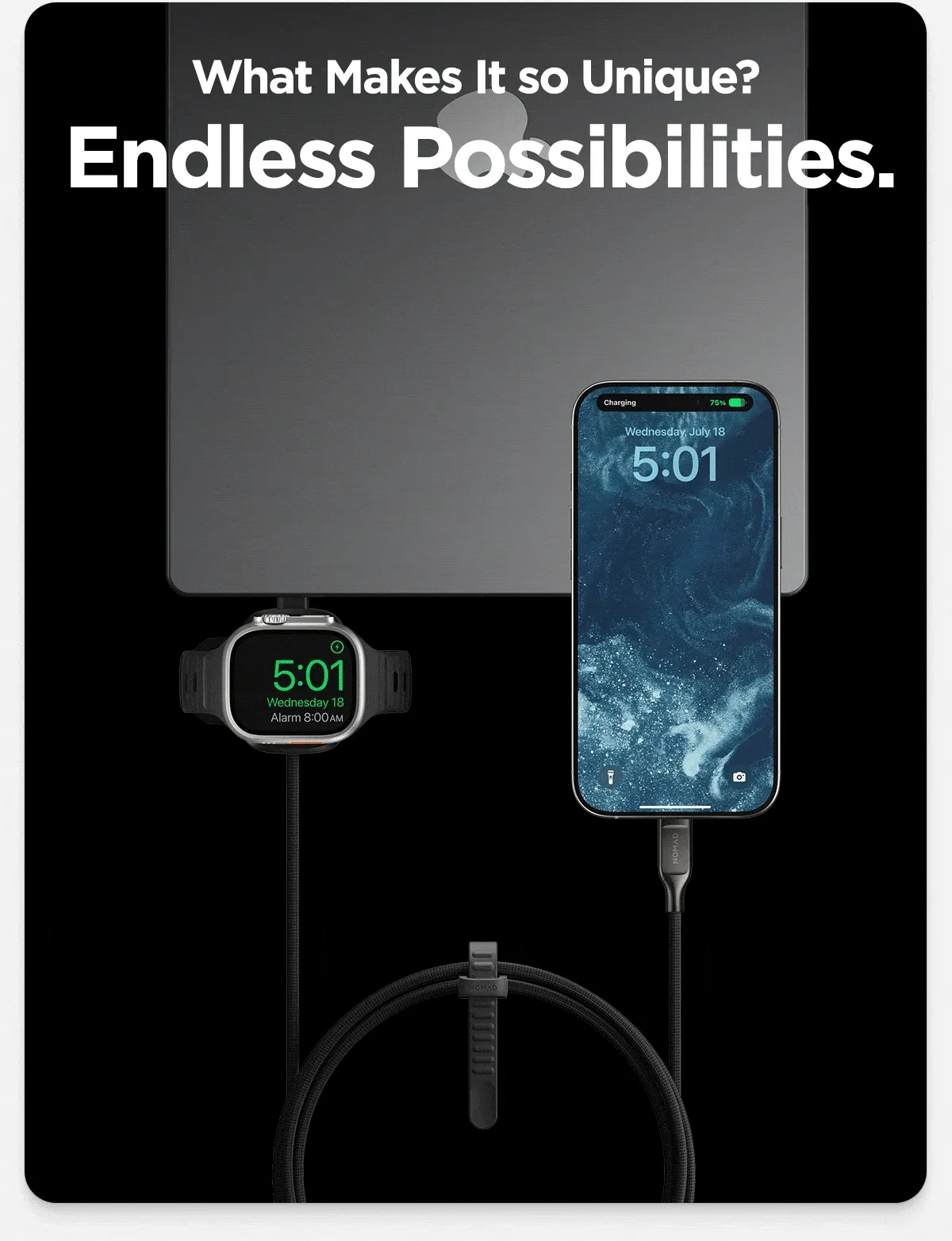 What makes it so unique? Endless possibilities. Charge everything, anywhere with the first-of-its-kind Universal Cable for Apple Watch. Featuring a built-in Apple Watch charging puck and USB-C connectors.