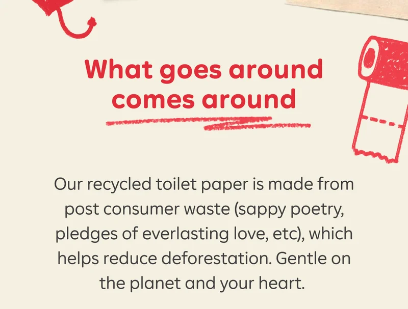 What goes around comes around. Our recycled toilet paper is made from post consumer waste (sappy poetry, pledges of everlasting love, etc), which helps reduce deforestation. Gentle on the planet and your heart.