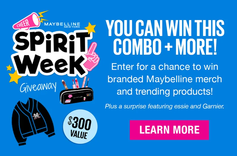 You can win this combo + more! Enter for a chance to win branded Maybelline merch and trending products! Plus a surprise featuring essie and Garnier.