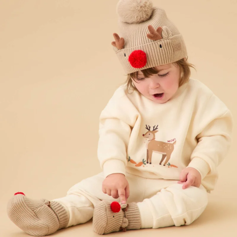 Image of Reindeer Hat with Pompom and Booties Set