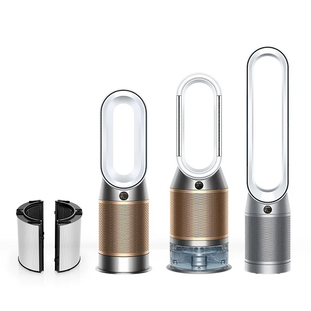 Genuine Dyson filter next to three Dyson purifiers