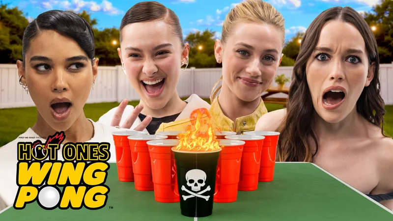 Lili Reinhart, Lola Tung, Victoria Pedretti, and Alexandra Shipp play Hot Ones Wing Pong