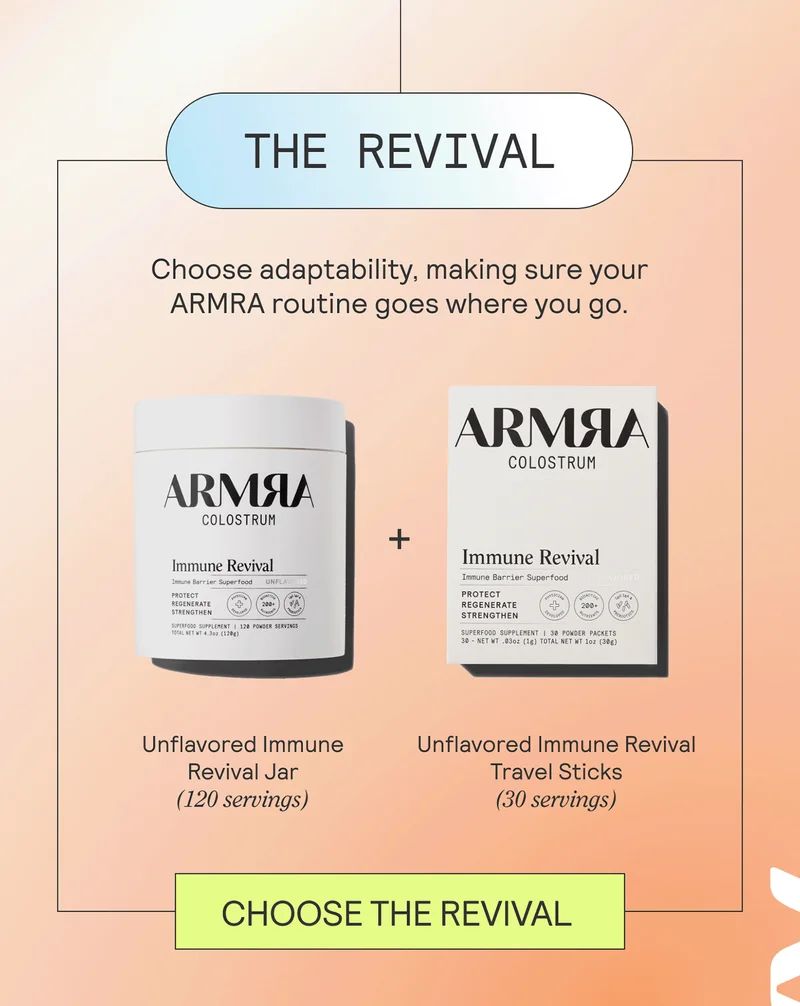 THE REVIVAL: Choose adaptability, making sure your ARMRA routine goes where you go. Unflavored Jar (120 servings)Unflavored Travel Sticks (30 servings)