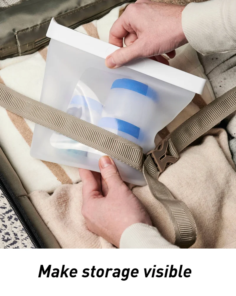 Containers inside a clear GoPouch bag. Says "Make storage visible".