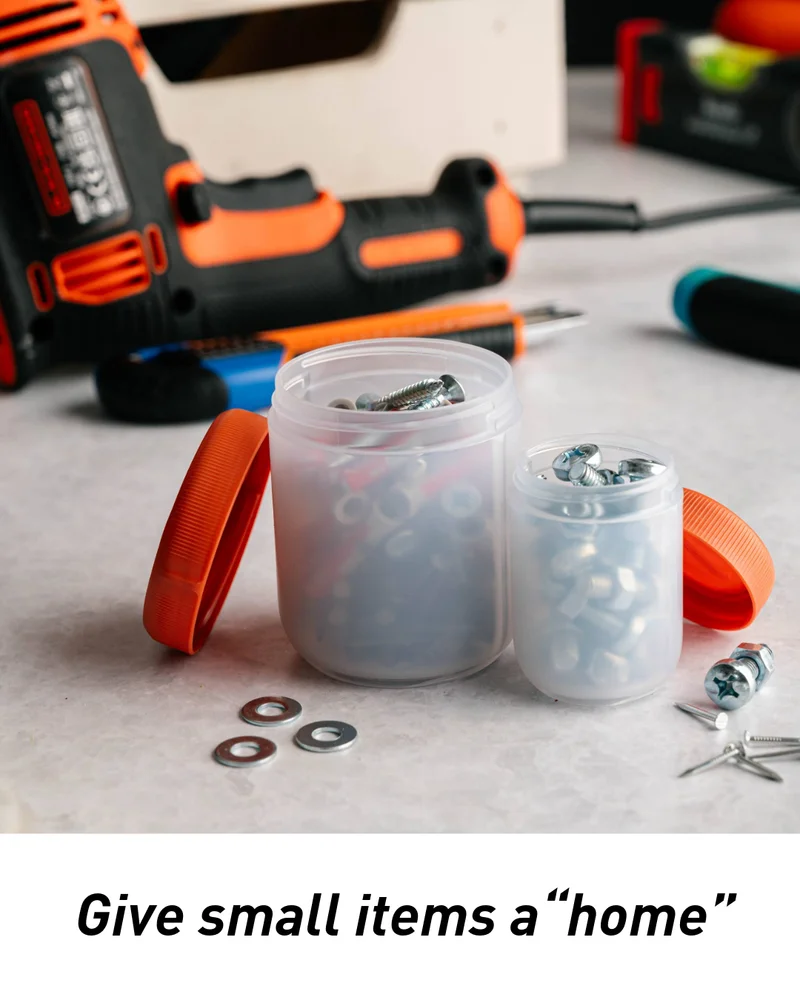 Bolts and nuts inside humangear stax singles. Says" Give small items a "home".