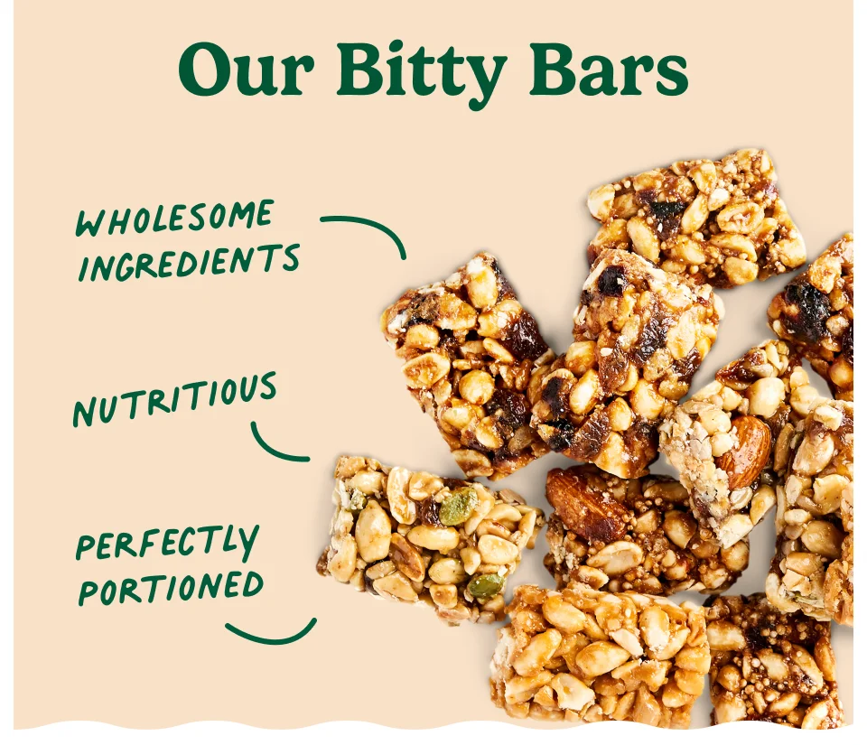 Trail Mix  Bitty Bars Made with tasty, protein-rich  nuts and seeds. Shop Now